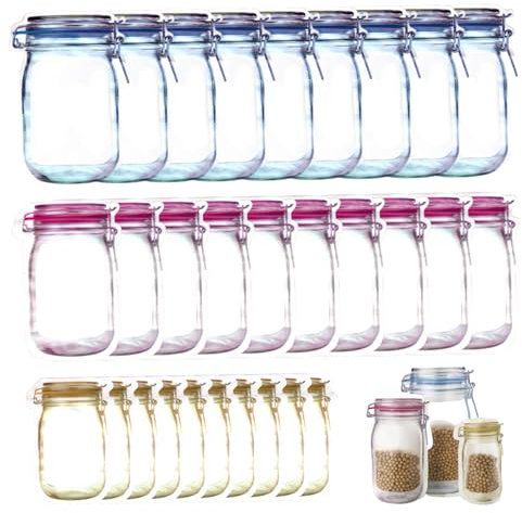 30Pcs Mason Jar Bags, 150ml/500ml/1000ml Reusable Food Storage Bags, Leak-Proof for Home, Travel, Camping