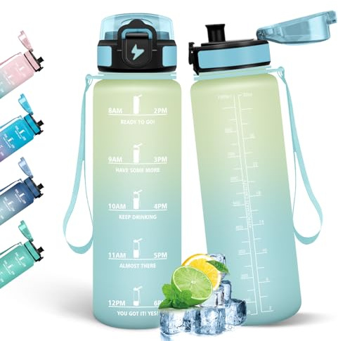 HoneyHolly Botella Agua, 1L, Marcador de Tiempo, Cantimplora, Libre de BPA, Portátil, Botella Agua Gimnasio, A Prueba de Fugas, Cantimplora para Gimnasio, Ciclismo, Oficina y Exteriores