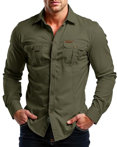 Misfuso Hemd Herren Baumwolle Hemden Langarm Wandernhemd Cowboyhemd Stehkragen Taktisches Hemd Outdoor Arbeitshemd Safarihemd Einfarbige Freizeithemden Knopfleiste -2 Brusttaschen
