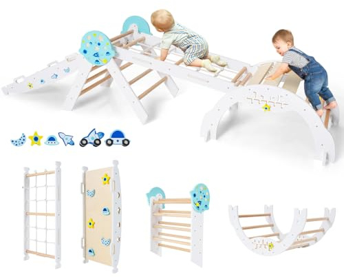 COSTWAY Klettergerüst Indoor 4er Set, Kletterdreieck mit Kletterbogen | klappbar, inkl. doppelseitige Rampe, Baustein Set & 2 Autos, Universum Sprossendreieck Holz für Kinder ab 1 Jahr