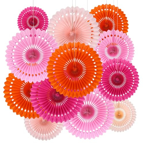 BestoFun Lot de 12 décorations de fête orange et rose – Éventails en papier et fleurs pompon suspendues en papier de soie – Décoration pour garden-party, anniversaire d’enfant, mariage, baby shower