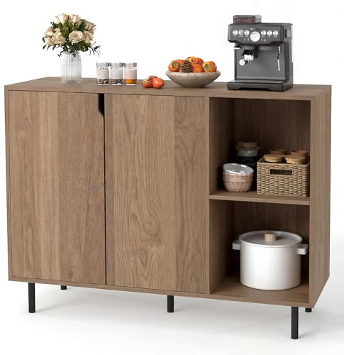 COSTWAY Sideboard Holz, Kommode mit 4 Fächern & 2 Türen, Natur | Buffetschrank mit verstellbaren Ablagen, Schrank modern, Küchenschrank Anrichteschrank , 106 x 38 x 80 cm