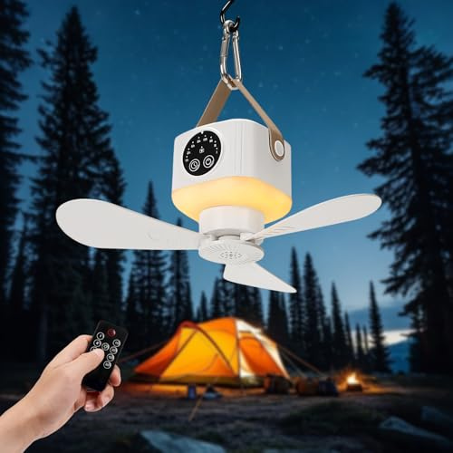 VIMAZ Portable Camping Fan with LED Light, 7200mAh Rechargeable Tent Fan for Outdoor, Remote Control, Detachable Blades, Timer, 4 Speeds, 3 Brightness, USB Ceiling Fan for Camping Essentials (WHITE)
