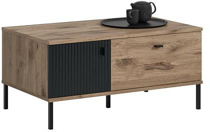 xonox.home – Couchtisch Chess 100x48x60 cm in Schwarz Tiefzieh und Nox Oak Nachbildung – Wohnzimmertisch mit Tür & Klappe – Zusätzliche Ablagefächer Sorgen für Ordnung rund um Ihr Sofa-Ensemble