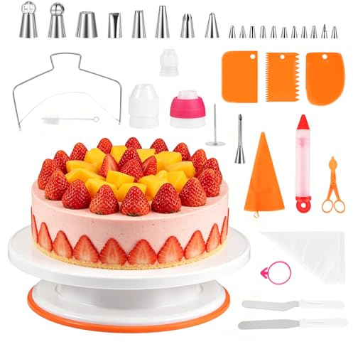 Juego de accesorios para tartas (61 piezas) plato giratorio para tartas | Boquillas de acero inoxidable, mangas pasteleras, espátulas, paletas y amplios accesorios para hornear para