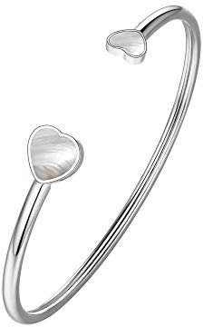FOCALOOK Offenes Armband Damen Edelstahl Armreif mit Herz Muschel eingelegt verstellbar Manschette Armspange Minimalist Armschmuck Geschenk für Valentinstag Jahrestag