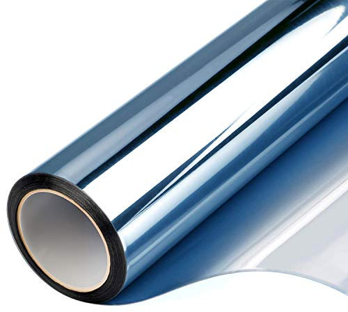 FILMGOO Window Film One Way Mirror Film Daytime Privacy Static Non-Adhesive Decorative Heat Control Anti UV Window Tint for Home and Office (Blue Silver, 90 * 200CM)