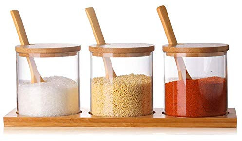 Juego de recipientes para condimentos con tapa de cuchara de madera y base