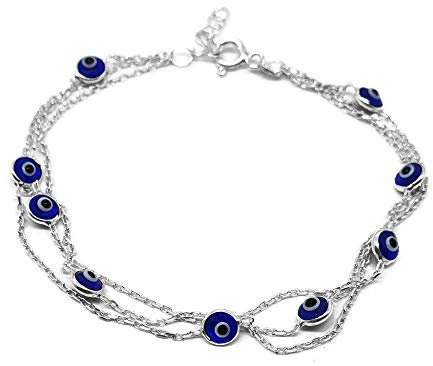 MYSTIC JEWELS by Dalia 19 cm Armband aus Silber mit bösen Augen, dreifache Kette mit kleinen Augen, für Glück, Kristall… (Navy Blau)