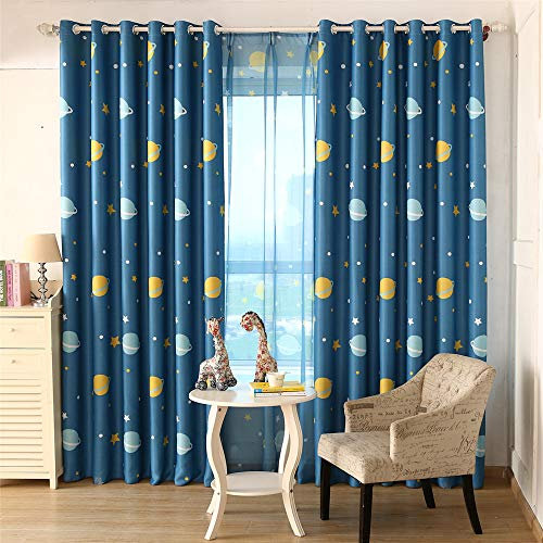 Lsimeru Vorhänge Verdunklung Kinderzimmer Jungen Sterne Planet Muster Blau Gardinen Verdunkelungsvorhange mit Ösen 225x140 Thermovorhang Fensterschal Babyzimmer