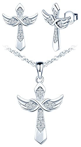 Yumilok Kreuz Kette 925 Sterling Silber Religiöse Kreuz Anhänger Halskette Unendlichkeit Flügel Silberkette Damen Ohrringe Ohrstecker Set für Damen Mädchen