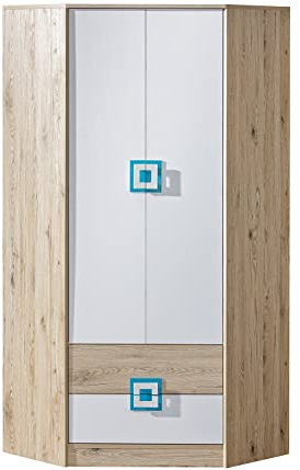 Marmex Nico N2 Eckkleiderschrank - Hochwertige Möbelbeschläge - Kleiner Kleiderschrank - Kleiderschrank für Jugend, Kinderzimmer - Eiche Hell + Weiß + Türkis - 87x190x87cm