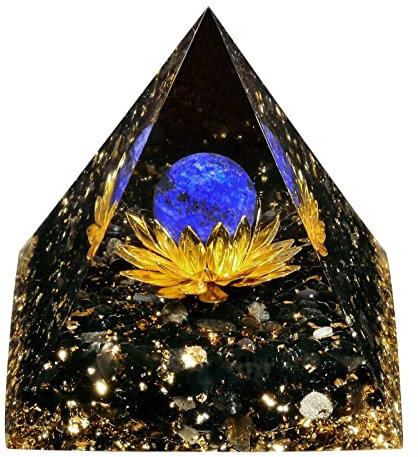 KYEYGWO Lapislazuli Positive Energie Pyramiden Edelstein mit Lotosblume, Reiki Heilung Kristall Kugel Pyramide Chakra Kristallpyramide Obsidian Ornament für Haus Dekoration Meditation