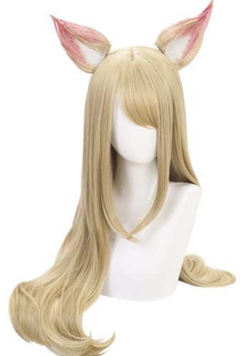 Anime Spiel Cosplay Perücke, KDA Ahri Perücke, Mit Katzenohren Lange Blonde Haare mit Gratis Perückenkappe, für Halloween, Party, Karneval, Nachtleben, Konzerte, Hochzeiten