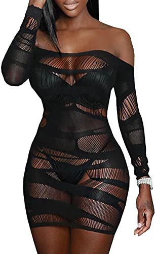 Buitifo Women Lingerie Dress One Piece Babydoll Sexy Nightwear Bodycon Ripped Mini Dresses(Black qgq,M)
