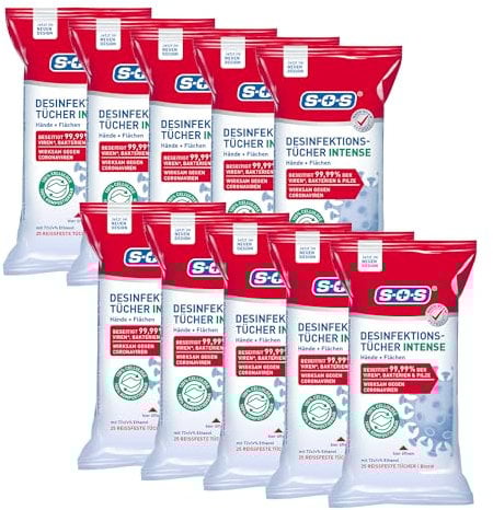 SOS Desinfektionstücher INTENSE für Hände + Flächen | biologisch abbaubar | beseitigen 99,99% der Bakterien, Pilze und Viren* (z.B. Herpes- Grippe- und Noroviren) | 10x25