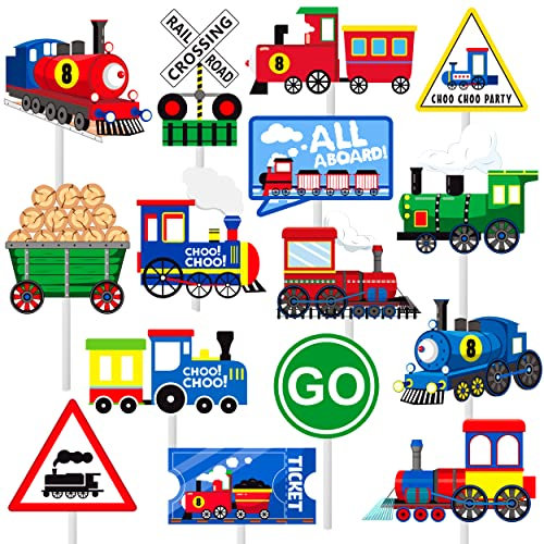 36Pcs Railroad Train Crossing Theme Cupcake Toppers Railway Train Party Cake Decorations for Train Theme Birthday Party Decorations Baby Shower Supplies