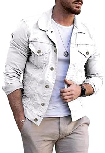 CHARTOU Men's Denim Jacket Casual Regular Fit Button Down Long Sleeve Jean Trucker Jacket, White, M