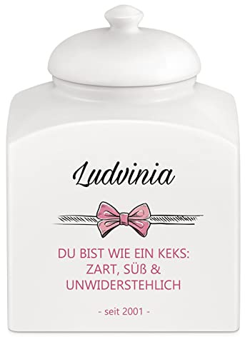 Maverton Keramik Keksdose mit Aufdruck, weiß | Vorratsbehälter mit Deckel, Vorratsglas personalisiert, Gebäckdose für Frauen zum Geburtstag, Keksglas für Naschkatze
