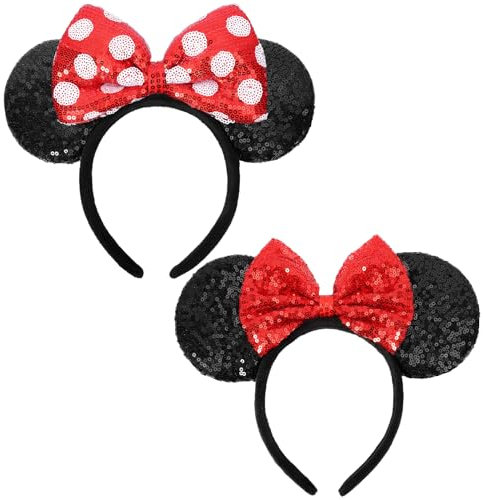 HXPLN Mausohren Schleife Stirnbänder mit roter Schleife, 2 Stück Maus Ohren Haarreif mit Pailletten Maus Ohren für Kinder und Erwachsene Karneval, Fasching