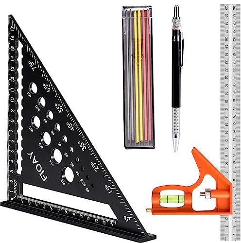 Squadra da Falegname 180mm, Squadra Combinata 300mm,Squadra Combinata per Legno con 1 Matite da Carpentiere e 12 ricariche per penna per Falegname misurare et segnare