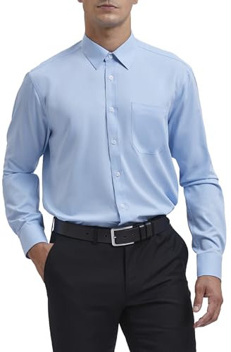 HISDERN Chemise Bleue à Manches Longues pour Hommes Chemise Habillée en Fibre de Bambou Coupe Régulière Chemise sans Repassage avec Poche,M