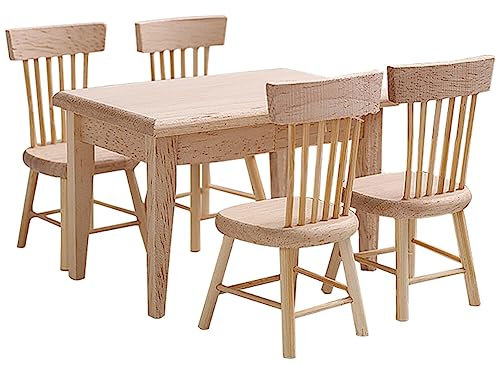 Esstisch Stuhl Modell Set 5 Stück Puppenhaus Möbel Holz Spielzeug Set 1:12 Miniatur Puppenhaus Stuhl Kit Esstisch Holz 3D Möbel Spielzeug Puppenstuben Zubehör Miniatur Essen für Mini Küche Dekoration