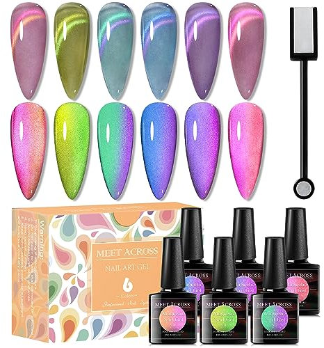 MEET ACROSS UV Nagellack Glas Cat Eye UV Gel Nagellack Set Magnetisch Cat Eye Magnet 6 Farbe Gel Nail Polish Soak Off Nägel Gellack Nageldesign Kit mit Magnetstift