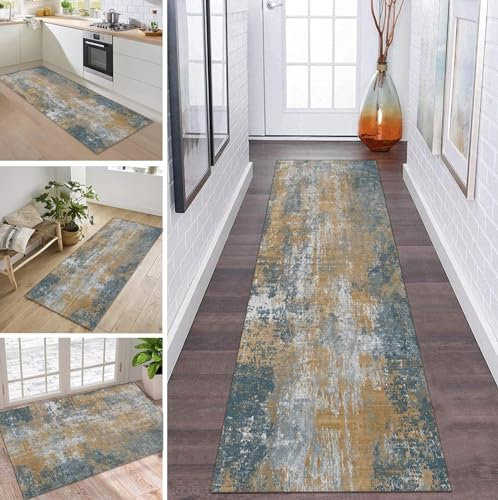 ZDYHMrj Läufer Teppich Lang Flur rutschfest Waschbar Küche Korridor Teppichläufer Grau Braun Blau 90X300CM Lange Teppichmatten Küchenläufer Wohnzimmer Kinderzimmer Anpassbare Küchenteppich Meterware