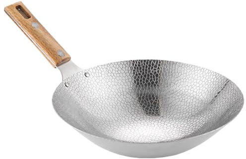 ABOOFAN Plancha En Acier Inoxydable Poêle En Acier Inoxydable Poêle Wok Résistante à L'usure Wok De Cuisine Poêle Wok Robuste Casserole De Les Jours Sauteuse Manche En Bois Portable
