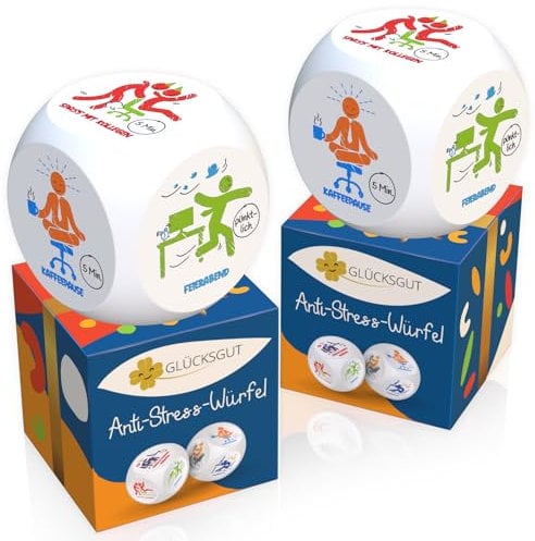GLÜCKSGUT® Anti-Stress-Würfel | 2er Pack Piktogramme | Lustiger Stresswürfel | 6 Motive, Geschenkbox & Anleitung | Spielzeug für Stressabbau, Kollegen & Büro Geschenk