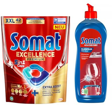 SOMAT 5in1 Caps 42 AW Excellence Premium, schnellauflösende Spülmaschinentabs mit Extra Boost, entfernen eingetrocknete, hartnäckige Essensreste + Somat Duo Power Experten Klarspüler 750ml