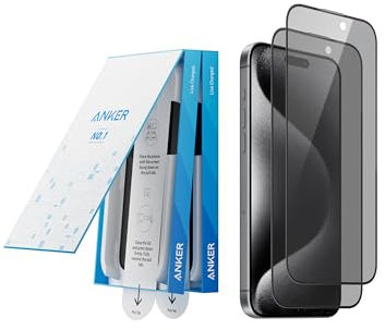 Anker Privacy Displayschutzfolie für iPhone 15 Pro Max (2er-Pack), 17cm gehärtete Glasfolie mit einfacher Installation, 8K Ultra HD, 9H Härte, kratz- und stoßfest, 12 Monate Garantie