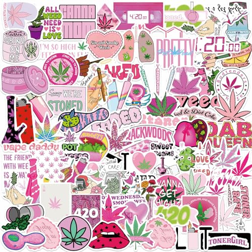 100 Stück rosa Unkraut-Aufkleber für Erwachsene, Kawaii-Marihuana-Aufkleber, niedlicher Unkraut-Aufkleber für Mädchen, ästhetisches Unkraut-Geschenk