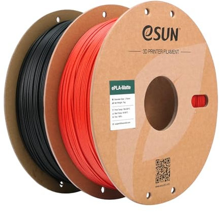 eSUN Filamento per Stampante 3D PLA Opaco Aggiornato, Filamento PLA Opaco da 1.75mm, 1 kg per bobina, 2 bobine per stampanti 3D,Nero ebano + rosso fuoco