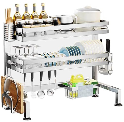 GHBSDNEPP Escurridor de platos de cocina de acero inoxidable 304 con soporte para utensilios, estante escurridor de 3 niveles, organizador de almacenamiento para platos, platos, cuencos, ollas/37.4