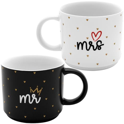GRUSS & CO Tassen-Set Motiv Mr. & Mrs. | Geschenkset mit 2 Tassen, Kaffeebecher je 37 cl, Höhe 7,8 cm, Porzellan, Geschenkbanderole | Hochzeitsgeschenk, für Paare, für zwei | 73868