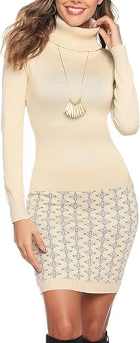 Gyabnw Ladies Jumper Dress Winter Sweater Dresses Turtleneck Casual Bodycon Pullover Cream