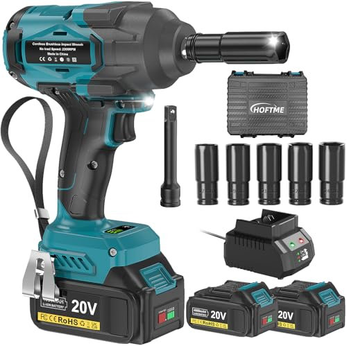 HOFTME 1000Nm(738ft-lbs) Cordless Impact Wrench High Torque, 1/2 Inch Impact Gun with 2 X 4.0Ah Battery, 5 Sockets, Storage Tool Box & 5 Inch Extension Rod for Car Tire Truck RV Mower