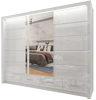 SERENITY SELECTION Modern High Gloss 2&3 Mirror Sliding Doors Wardrobe With Adjustable Shelves, Hanging Rails with LED Light,Bedroom Furniture (White, 255cm)