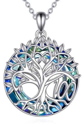 YFN 16th 18th 30th 40th 50th 60th Birthday Gifts Necklace for Daughter Sterling Silver Tree of Life Necklace with Blue Crystal Mothers Day Christmas Jewelry Gifts for Women Wife Girlfriend (100 th)