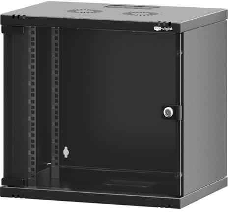 hb-digital Netzwerkschrank 19Zoll 9HE Wandmontage Glastür Sichttür Schloss Wandgehäuse für EDV Router Patchpanel Traglast 60kg robust Tiefe 400mm abschließbar mit Lüftung Unmontiert - Schwarz