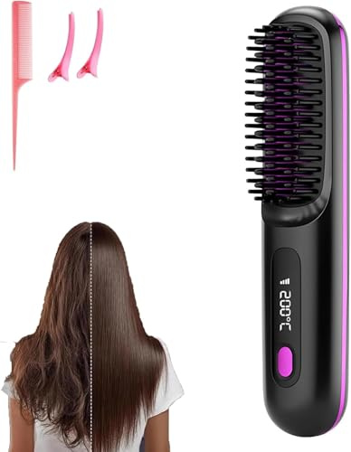 Go Brush Pro Glättbürste, Kabellose Haarglätterbürste, Warmluftbürste Stylingbürsten für Langes Kurzes Haar, Wiederaufladbar Hair Straightener für Reisen und Täglichen für Damen Mädchen