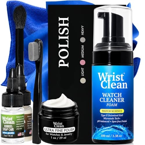 WristClean Uhren-Reinigungsset und Uhren-Polierset, Reiniger, Politur, Gummi- und Lederbandpflege, Mikrofasertücher, Bürsten, Premium-Reinigungswerkzeuge für Uhren, hergestellt in den USA (9-teilig)