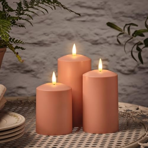 Lights4fun Set of 3 Outdoor Terracotta TruGlow® Flameless LED Pillar Candles – Battery Operated with Remote Control & Timer – Waterproof Plastic Design for Garden, Patios, Porches