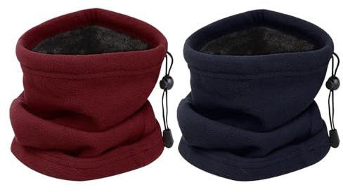 JSTHHTT 2 Pack Thermal Knitted Snood Scarf Thick Winter Cold Weather Neck Warmer Windproof Neck Gaiter Snood for Men Women Face Tube Scarf Headwear (2, Navy Blue, Burgundy)