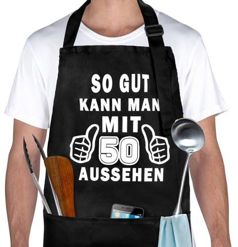 Geschenke Zum 50 Geburtstag Mann Frau, Kochschürze Herren Mit 3 Vordertaschen, Lustige Geschenk 50 Geburtstag Mann, Verstellbare Grillschürze Für Männer, Wasserdicht Küchenschürze Zum 50. Geburtstag