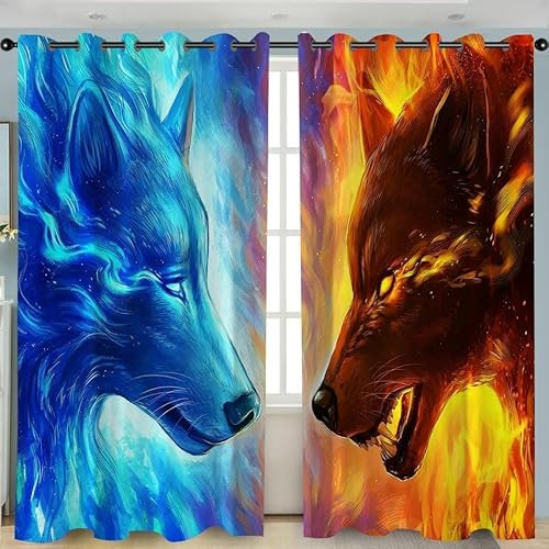 ZZTBQ Wolf Vorhänge 3D Tier Wolf Winter Fenster Gardinen mit Ösen, Vorhang Blickdicht Verdunklungsvorhänge Thermovorhang für Wohnzimmer Deko 132x242 cm (BxH), 2er Set