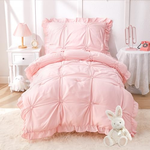 Wowelife Princess Toddler Bedding Set for Girls, 4 Piece Ruffles Jacquard Embroidery Toddler Bed Sheets with Boho Toddler Comforter, Fitted Sheet, Flat Sheet and Pillowcase, Pink