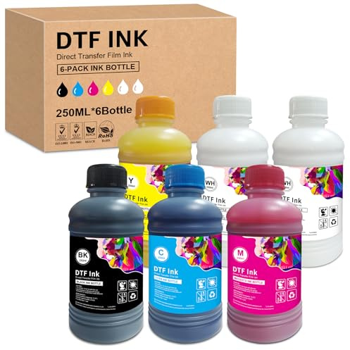 Yongairuink DTF Tinte 6x250ml Premium-Pigment Tinte für PET-Folien Thermotransfer-Nachfülltinte für alle DTF-Drucker mit Druckköpfen wie DX5 DX7 5113 XP600 I3200 usw (1BK1C1M1Y2W)